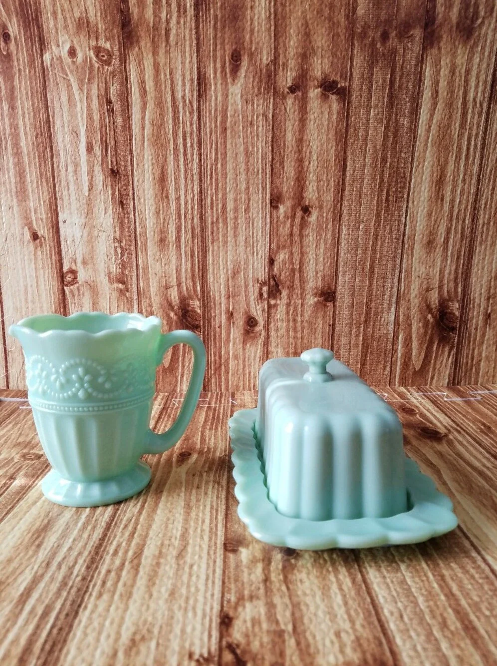 Pioneer Woman Timeless Beauty Jade Green Glass Butter Dish and Creamer Set